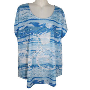 Sun Bay Womens Bicycle Graphic Beaded Tee XL Embellished Blue Short Cap Sleeve